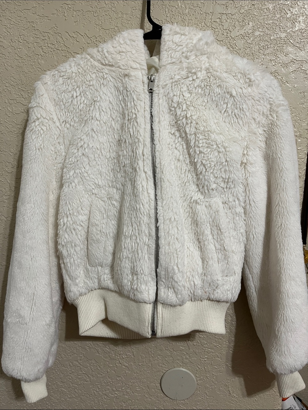 Girls' White Faux Fur Hooded Bomber Jacket